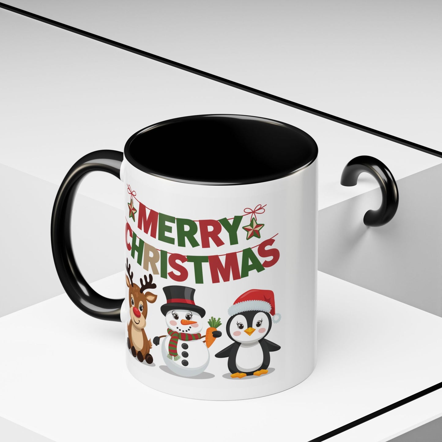 Christmas Mug - Red Green & Gold Text Reindeer Snowman Penguin