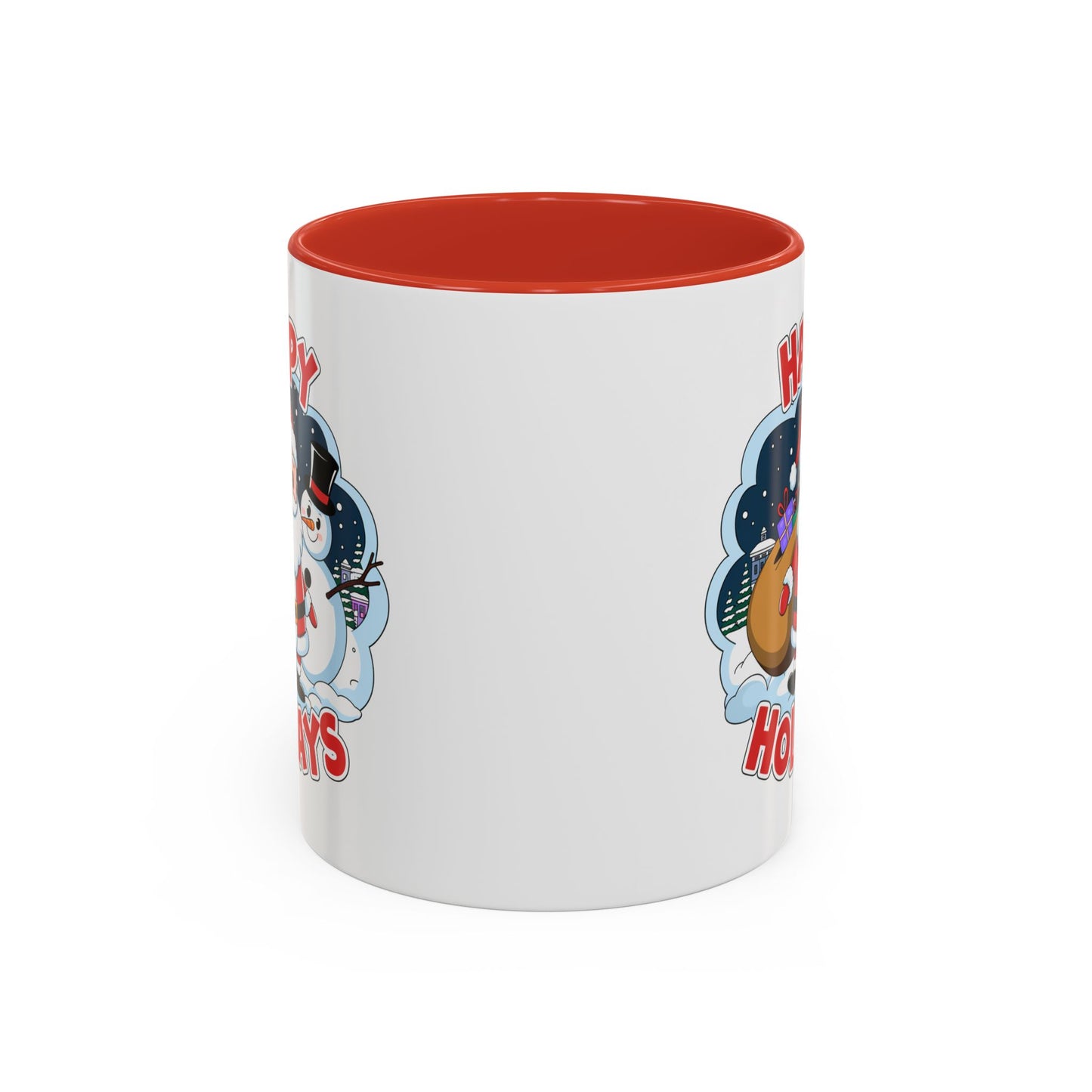 Christmas Mug - Happy Holidays Red & White Text Santa Snowman