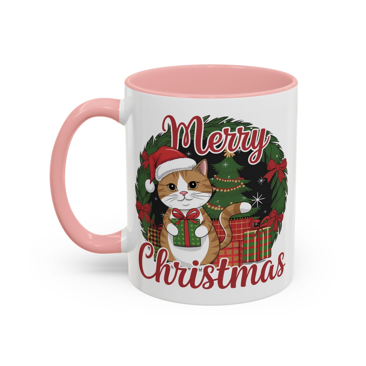Christmas Mug - Merry Christmas Red Text Cat Presents Wreath