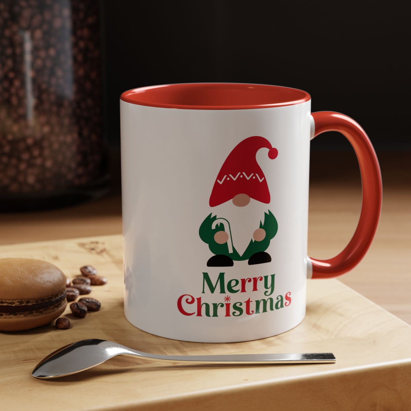 Christmas Mug - Merry Christmas Green & Red Text Gnome Candy Cane