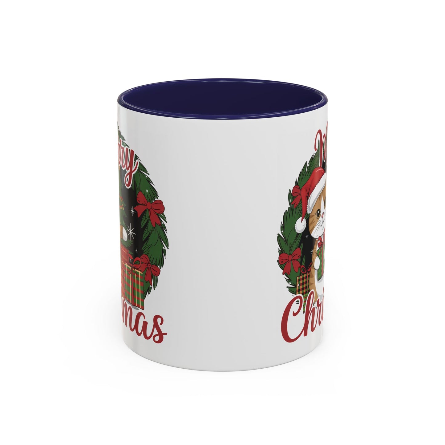 Christmas Mug - Merry Christmas Red Text Cat Presents Wreath