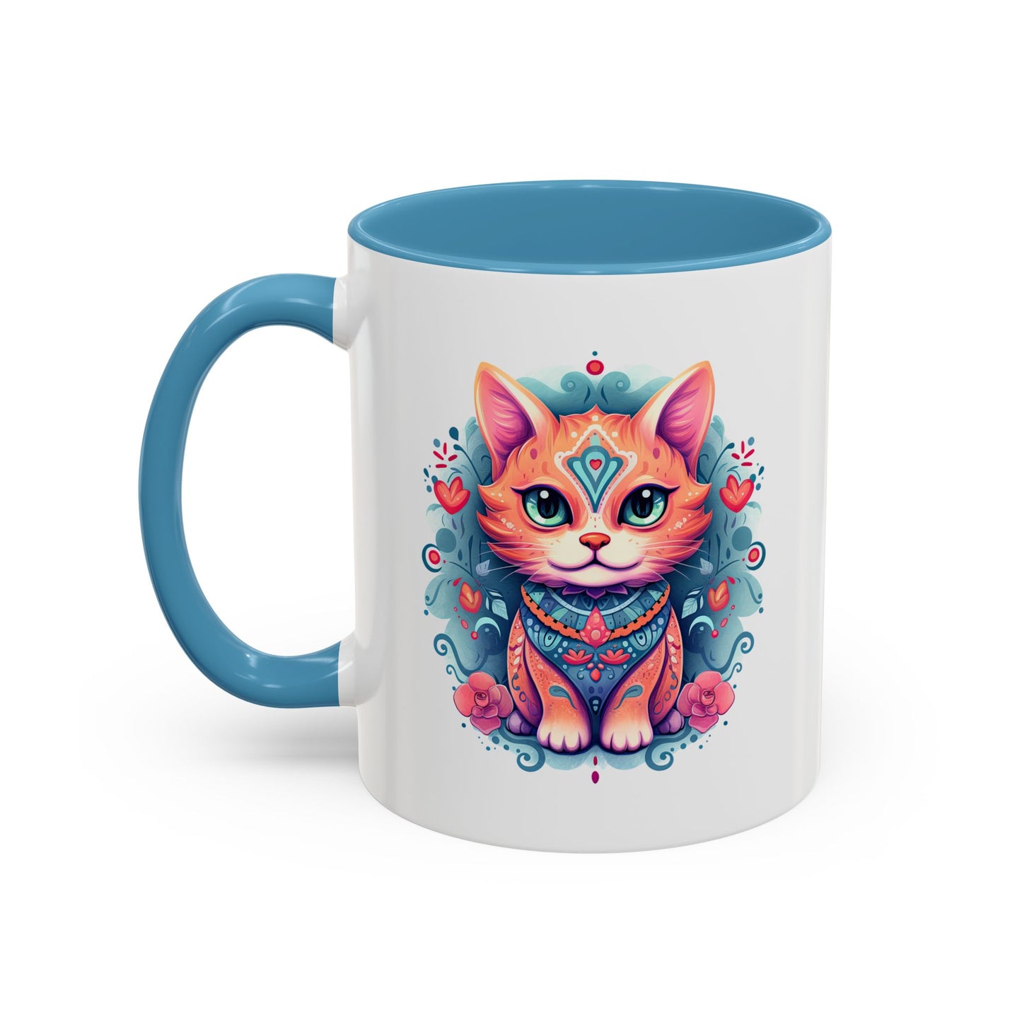 Animal  - Mystic Cat Turquoise & Coral Flowers
