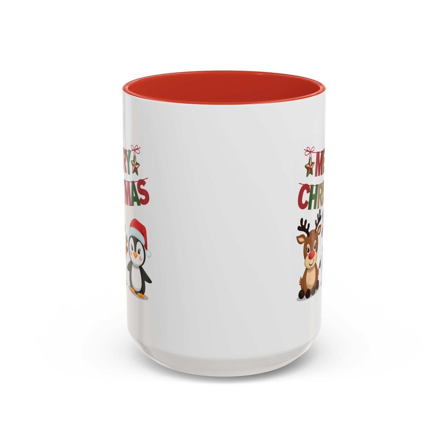 Christmas Mug - Red Green & Gold Text Reindeer Snowman Penguin