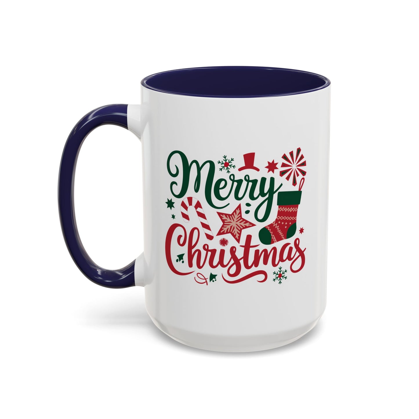 Christmas Mug - Merry Christmas Green & Red Text Star Candy Cane Stocking Snowflake