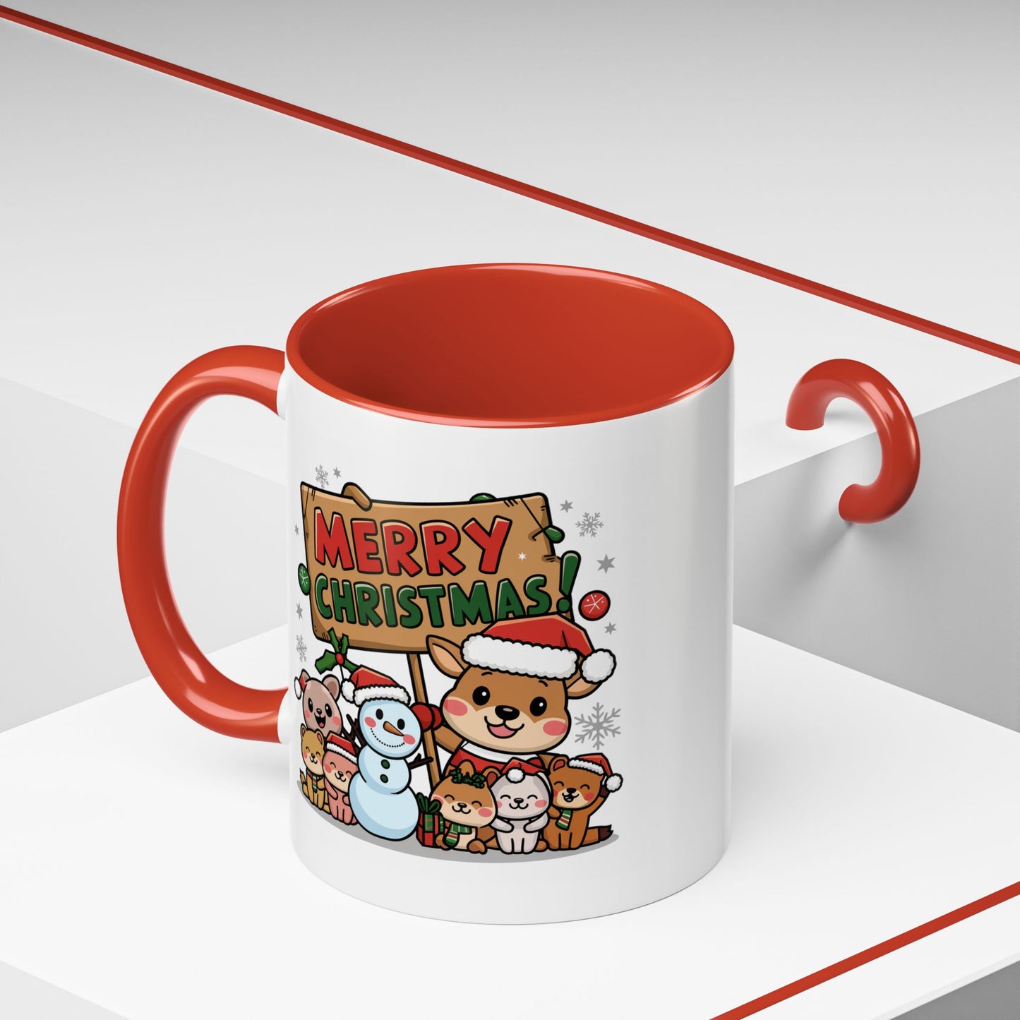 Christmas Mug - Merry Christmas Red & Green Text Reindeer Snowman