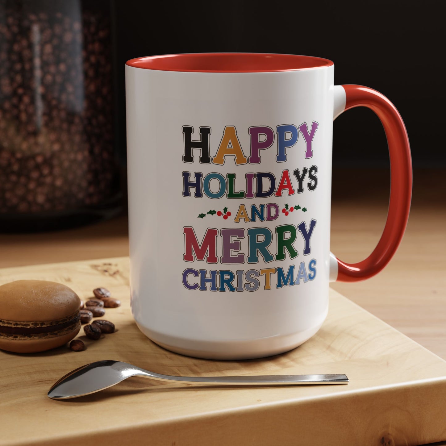 Christmas Mug - Happy Holidays and Merry Christmas Blue Yellow Purple Orange Red Text