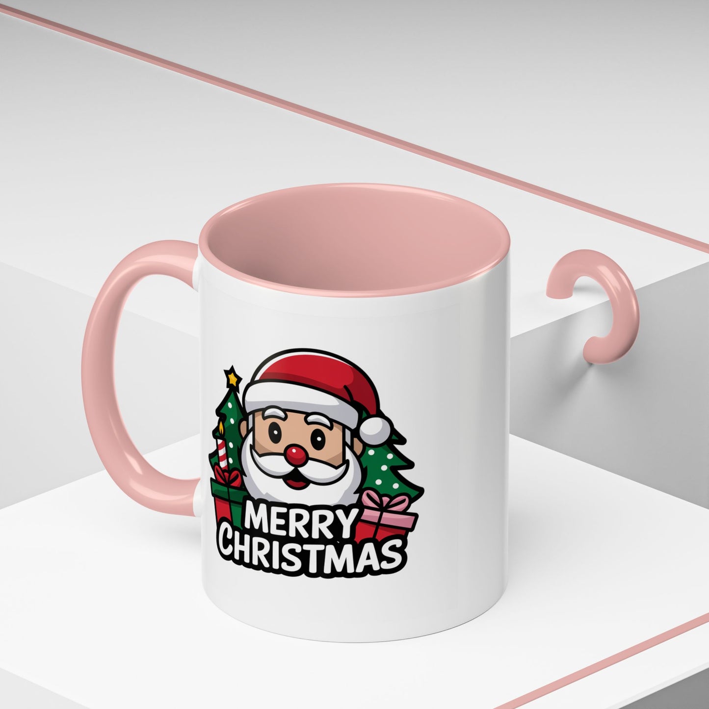 Christmas Mug - Merry Christmas White & Black Text Santa Trees Presents