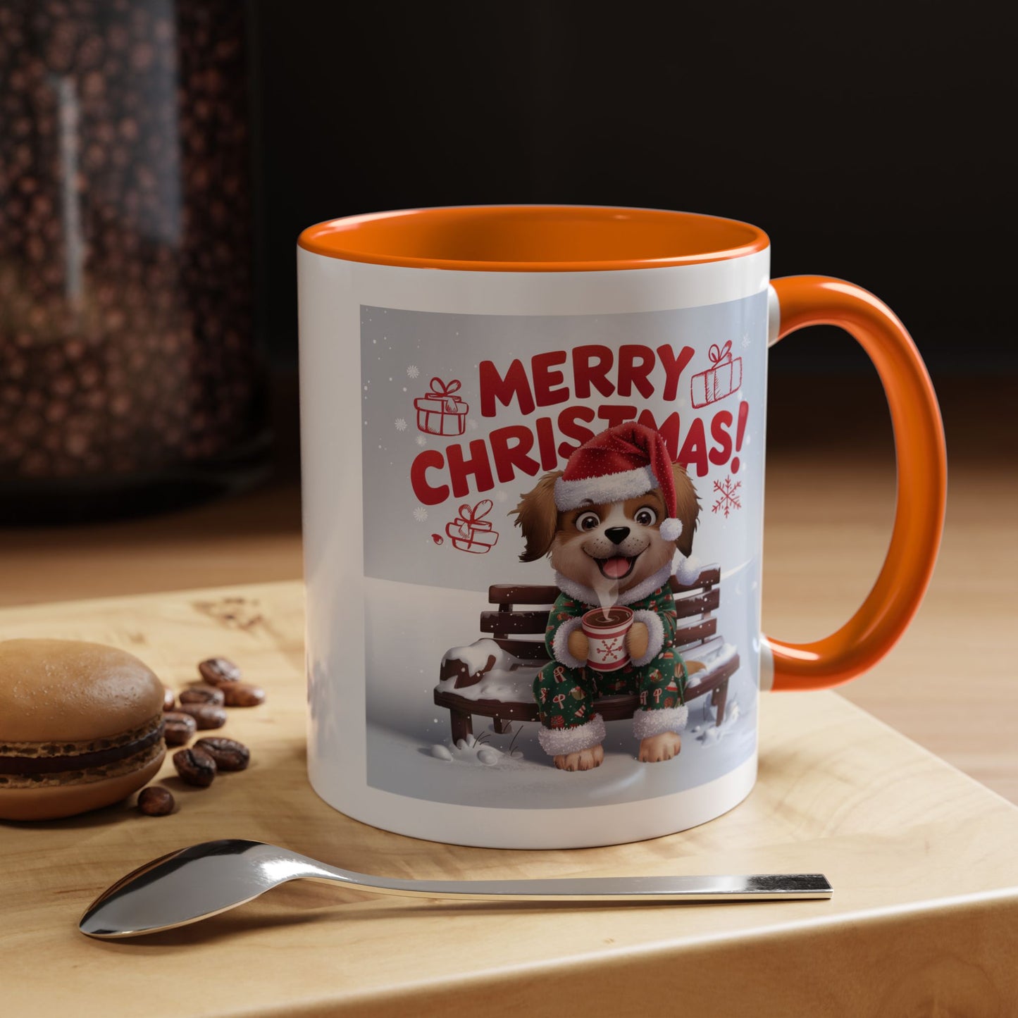 Christmas Mug - Merry Christmas Red Text Puppy Green Top 2