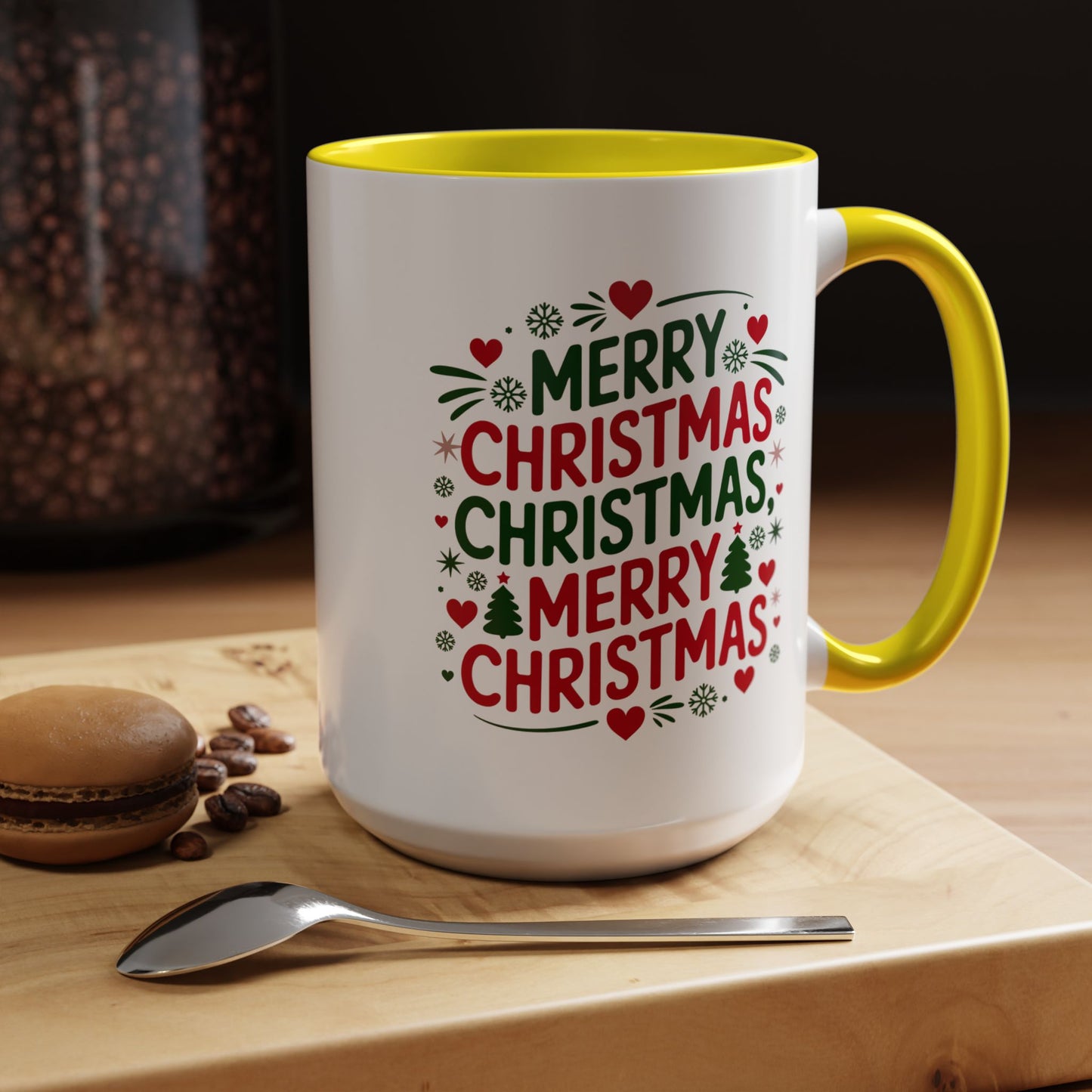 Christmas Mug - Merry Christmas Green & Red Text Trees Hearts Snowflakes Stars