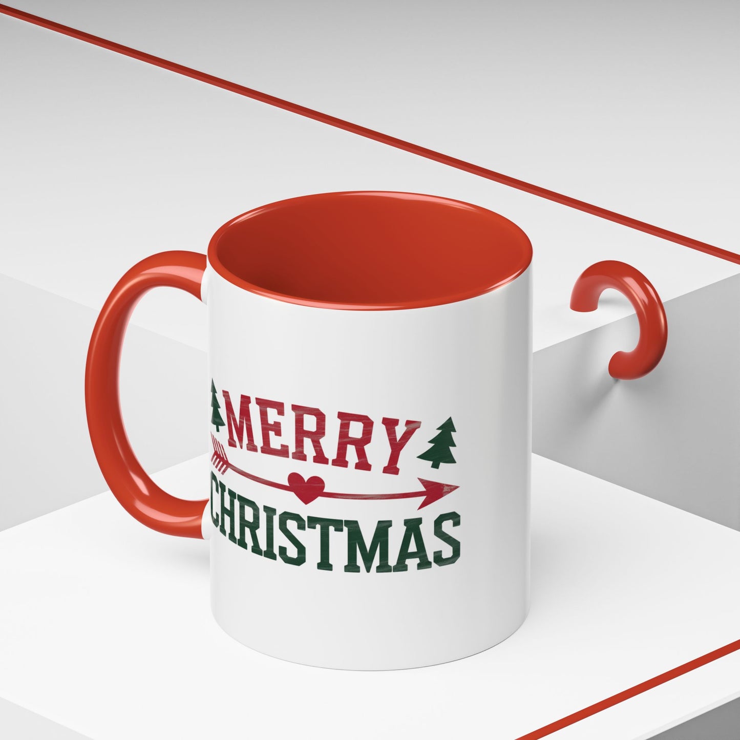 Christmas Mug - Merry Christmas Red & Green Text Heart Arrow Trees