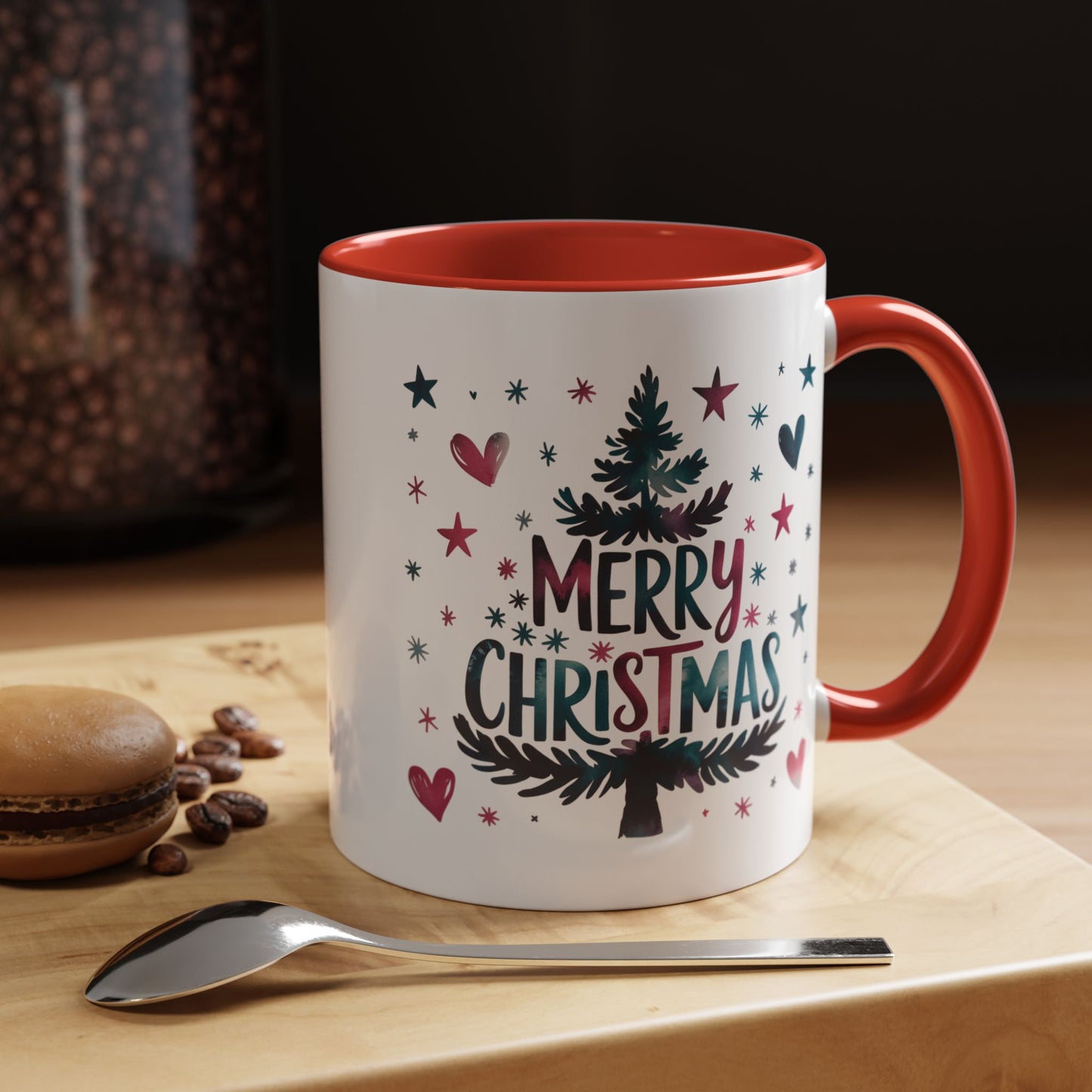 Christmas Mug - Merry Christmas Maroon & Blue Text Tree Hearts Stars