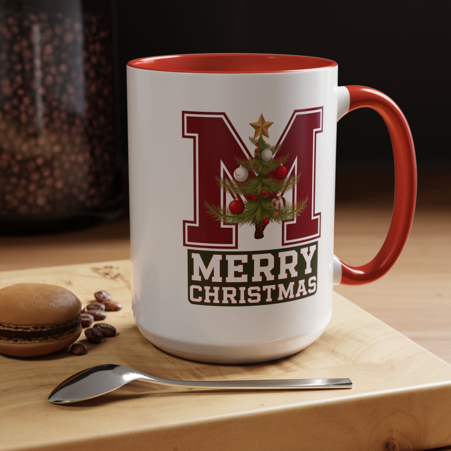 Christmas Mug - Merry Christmas White Green & Red College Text