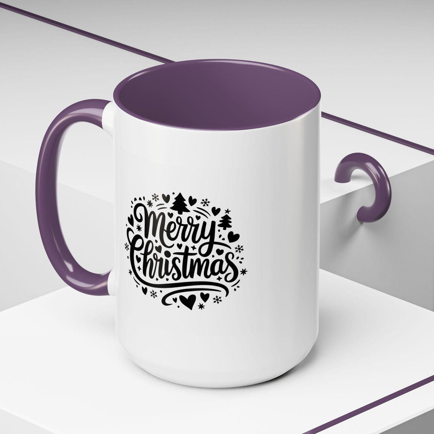Christmas Mug - Merry Christmas Black Text Trees Snowflakes Hearts