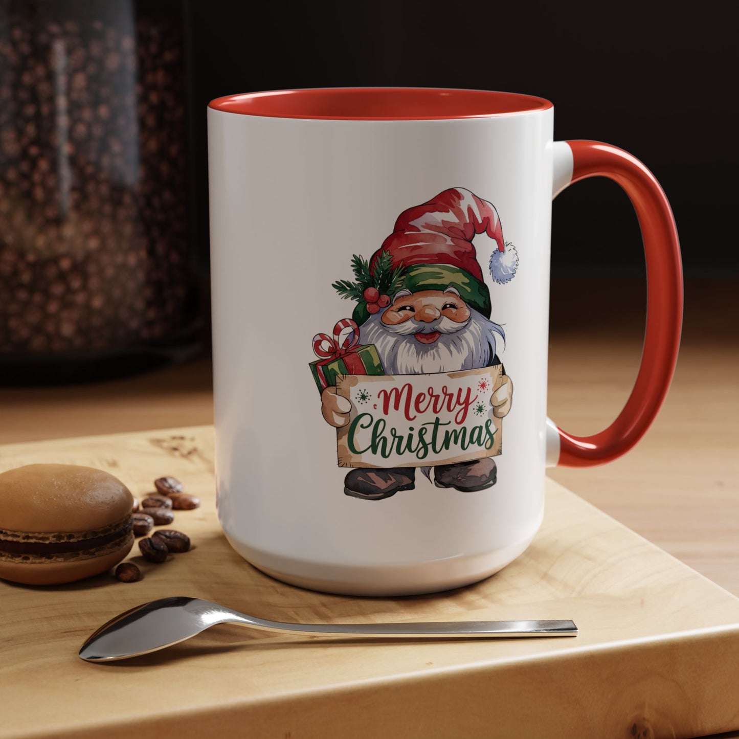Christmas Mug - Merry Christmas Red & Green Text Gnome Present