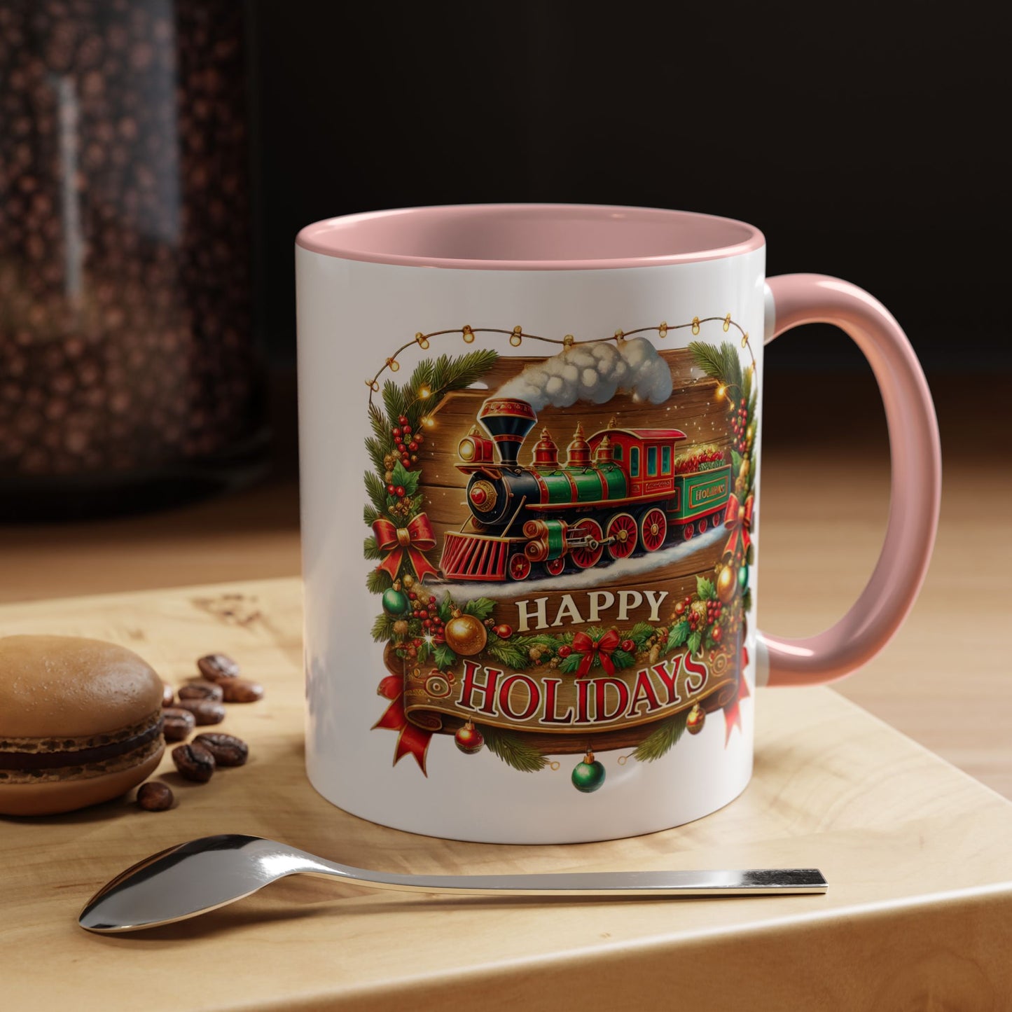 Christmas Mug - Happy Holidays White & Red Text Steam Locomotive