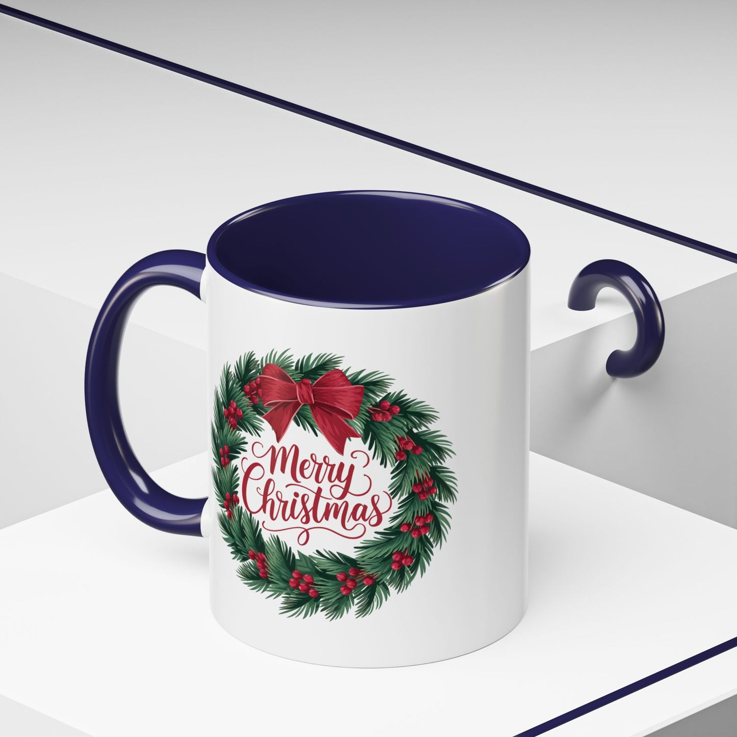 Christmas Mug - Merry Christmas Red Text Bow Wreath