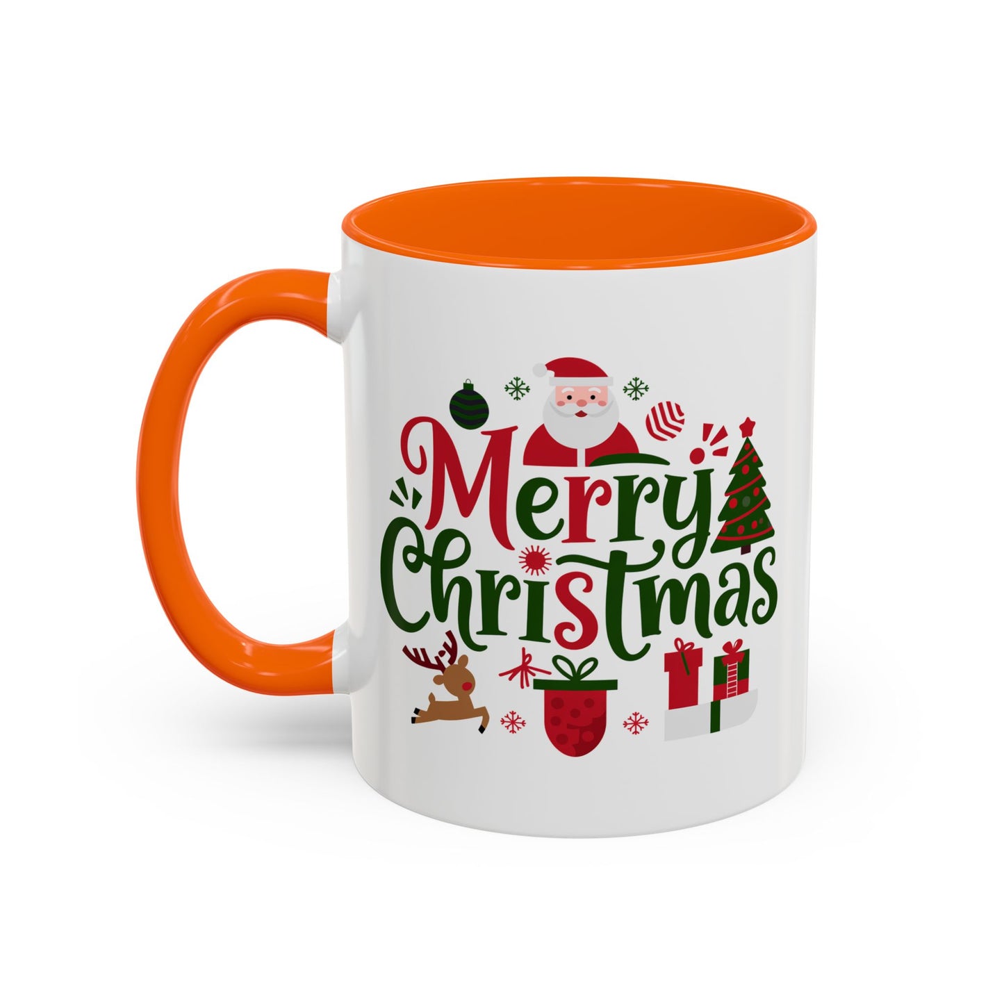 Christmas Mug - Merry Christmas Red & Green Text Santa Reindeer Tree Sleigh Ornaments