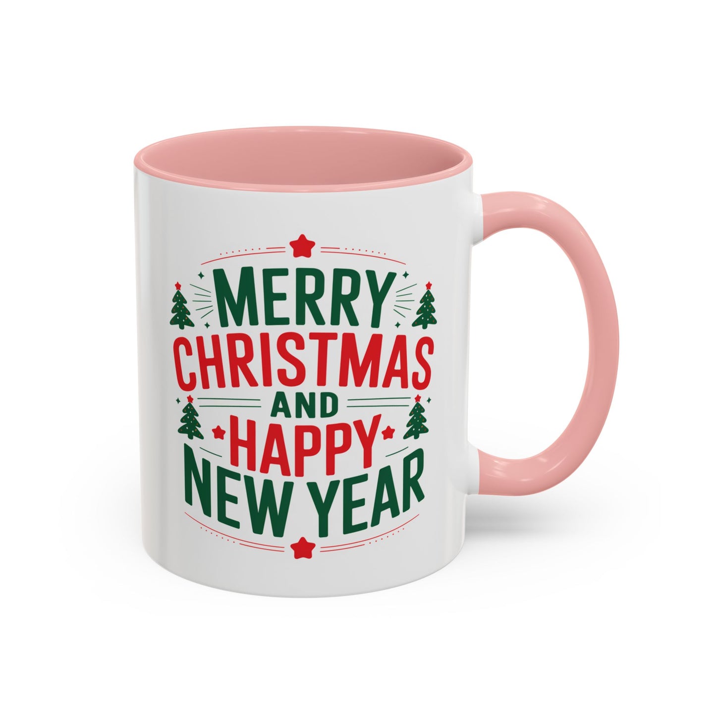 Christmas Mug - Merry Christmas and a Happy New Year Green & Red Text Trees Stars