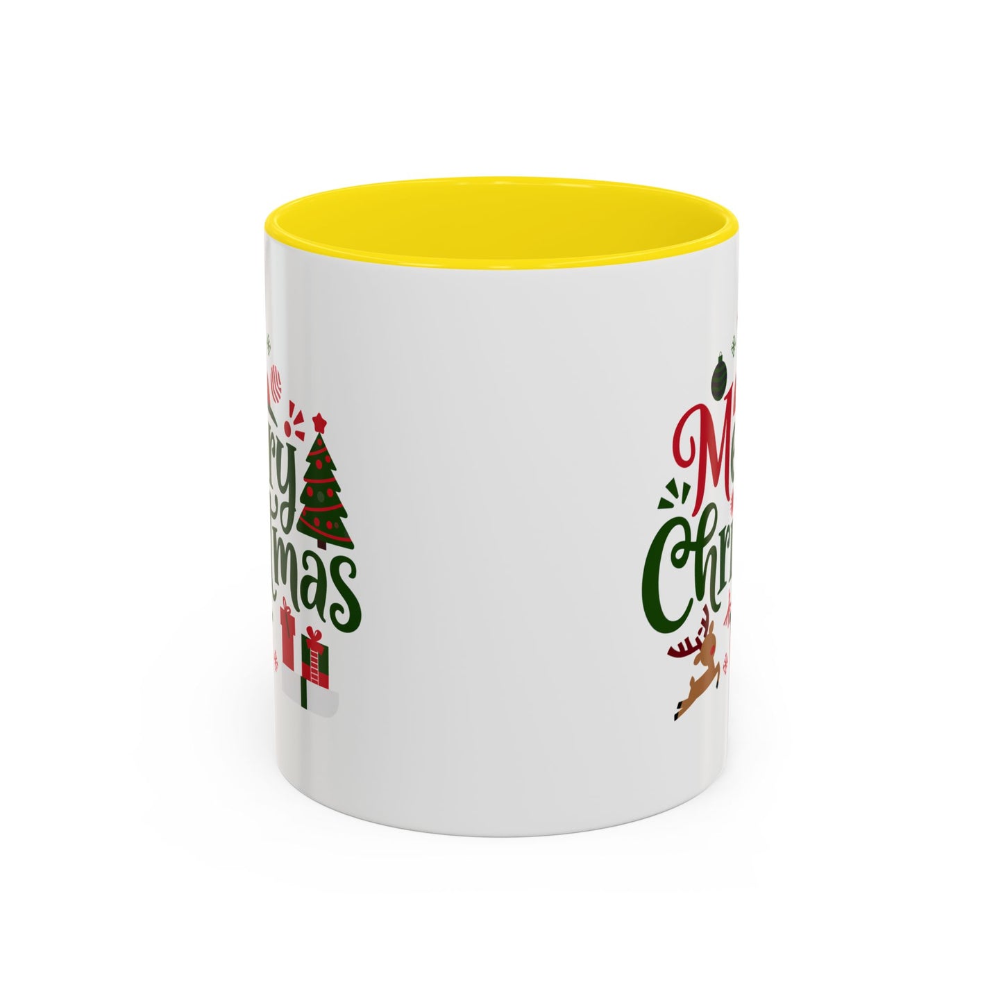 Christmas Mug - Merry Christmas Red & Green Text Santa Reindeer Tree Sleigh Ornaments