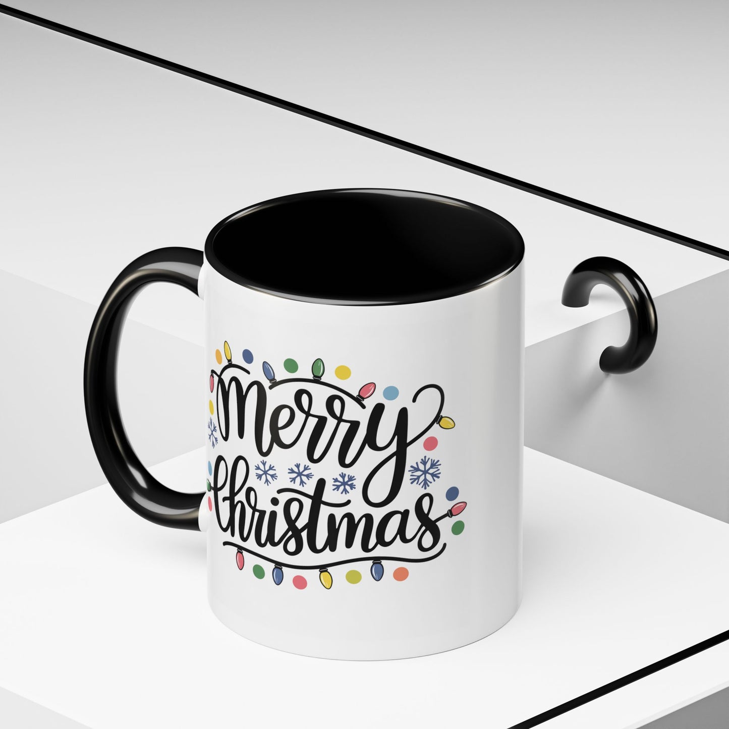 Christmas Mug - Merry Christmas Black Text Colored Lights