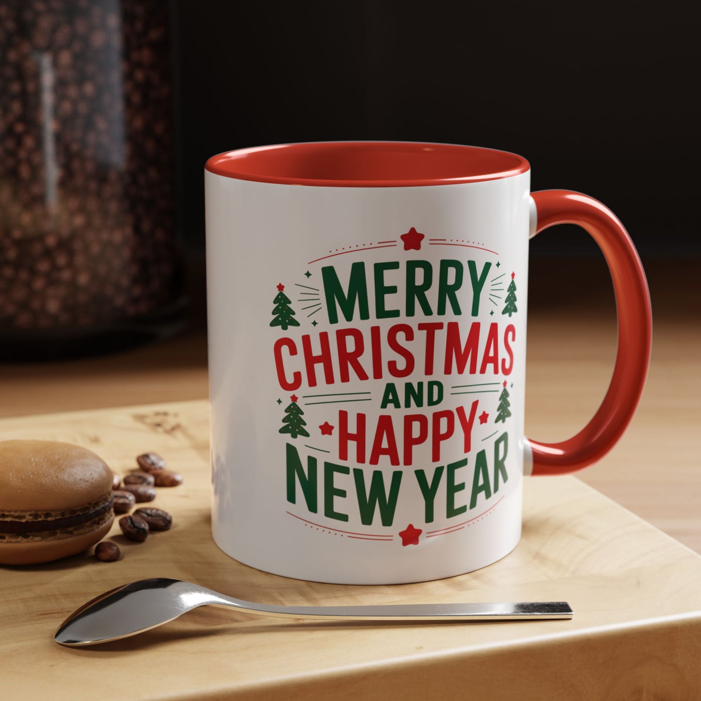 Christmas Mug - Merry Christmas and a Happy New Year Green & Red Text Trees Stars