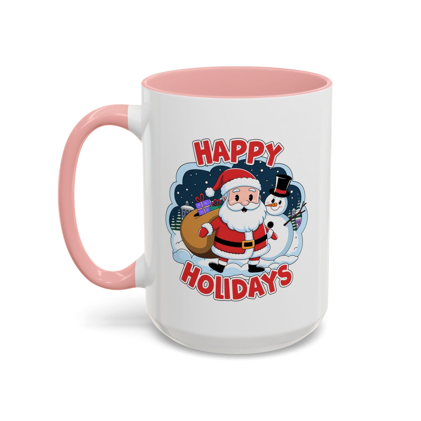 Christmas Mug - Happy Holidays Red & White Text Santa Snowman