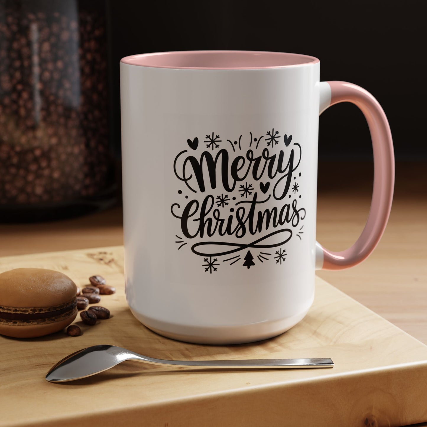 Christmas Mug - Merry Christmas Black Text Tree Snowflakes Hearts