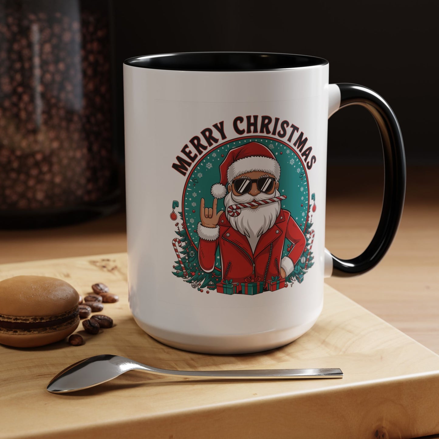 Christmas Mug - Merry Christmas Black & Red Text Cool Santa