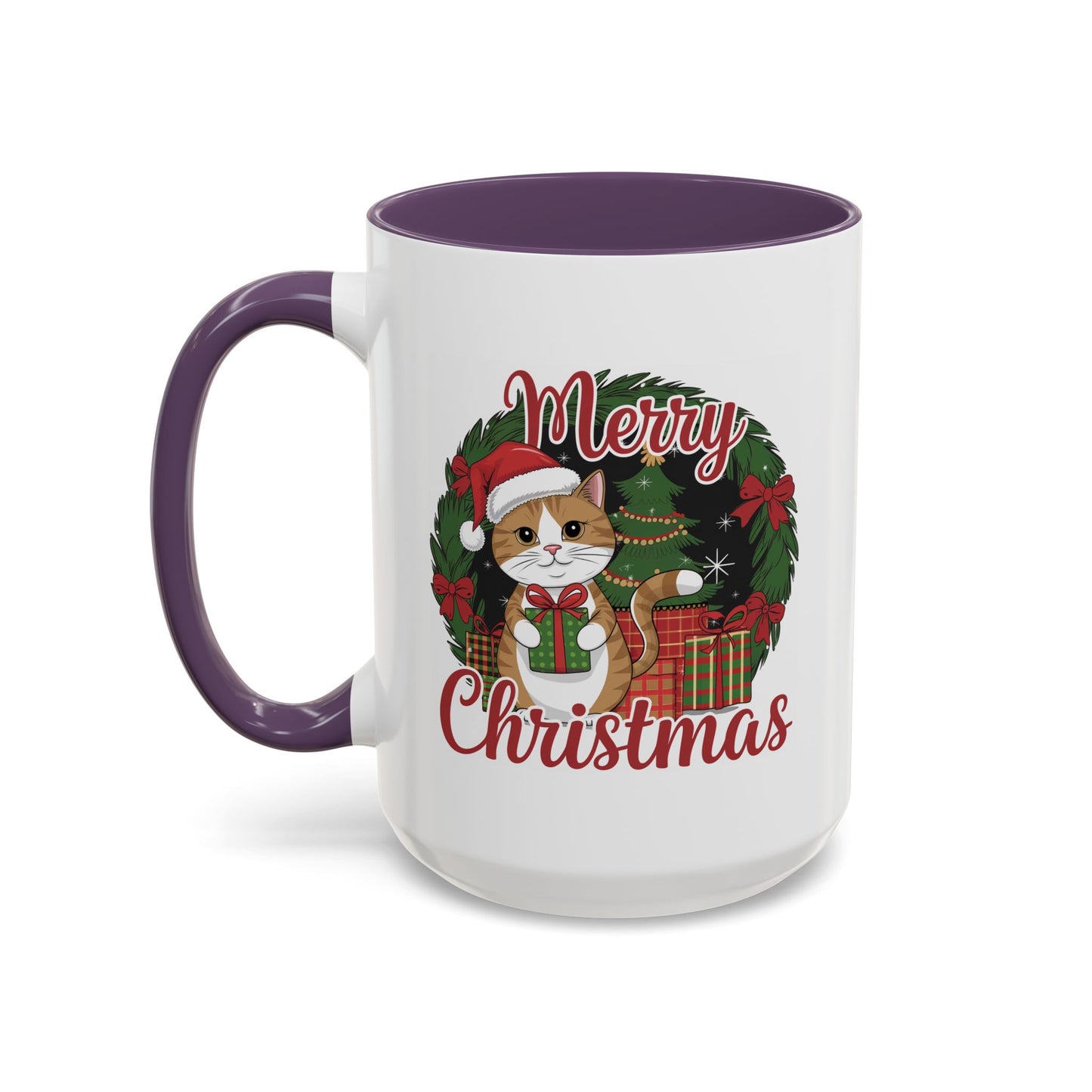 Christmas Mug - Merry Christmas Red Text Cat Presents Wreath