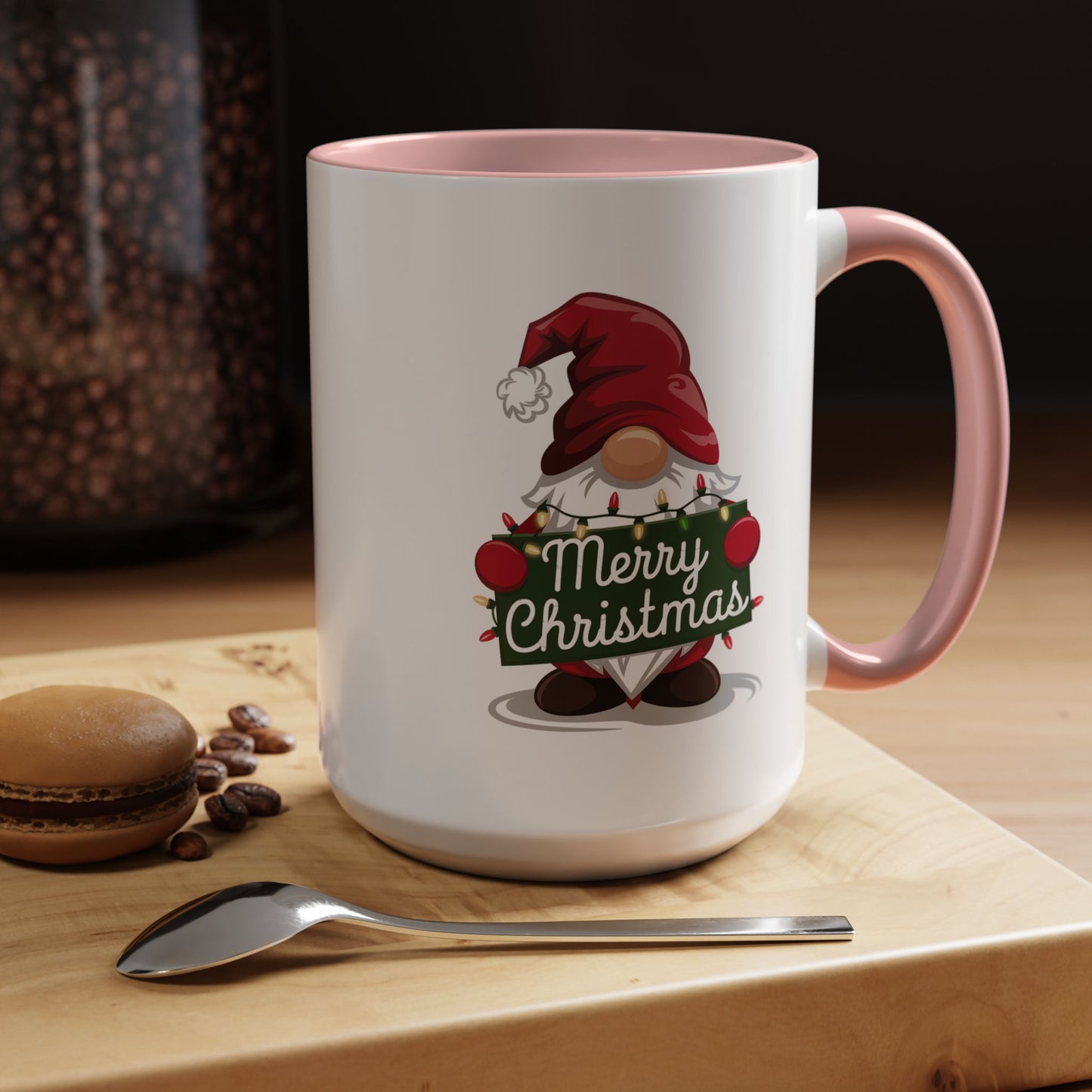Christmas Mug - Merry Christmas White & Green Text Gnome Lights
