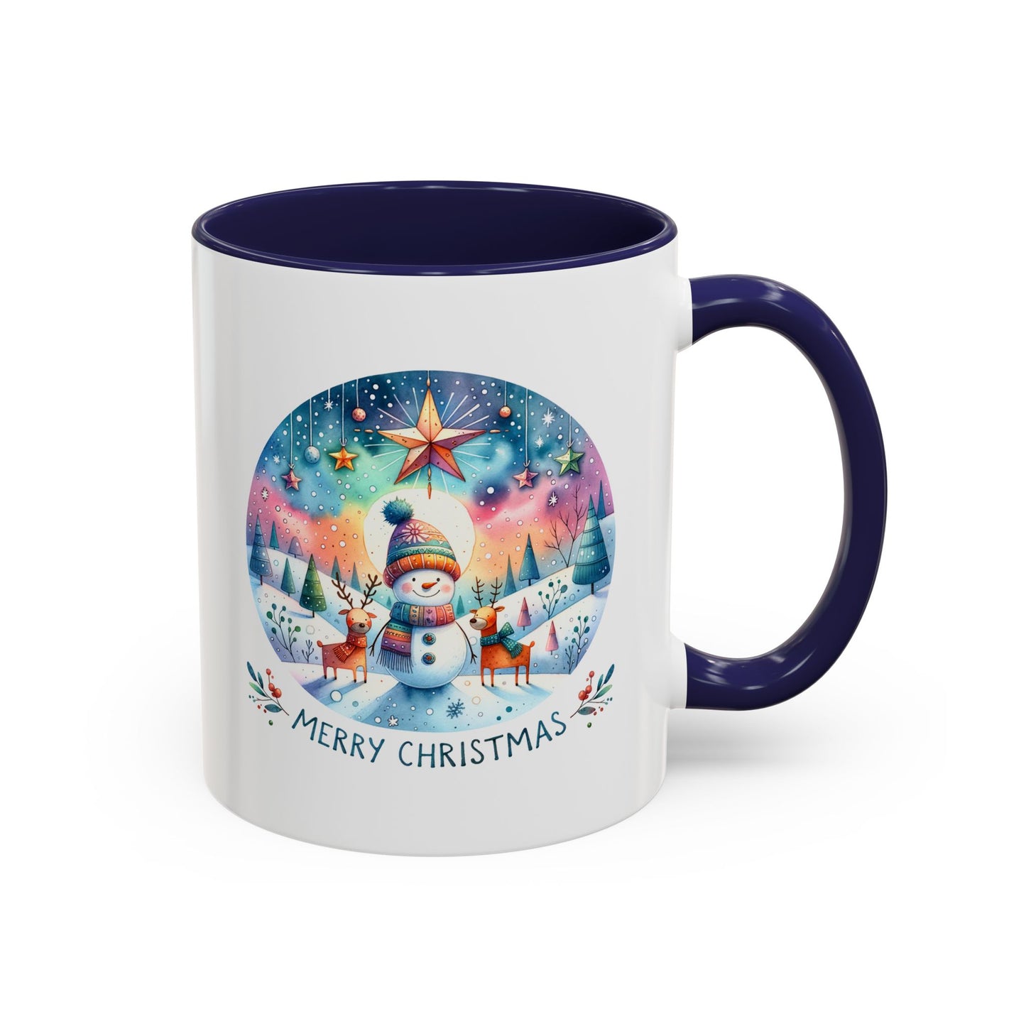 Christmas Mug - Merry Christmas Blue Text Snowman Star Reindeer