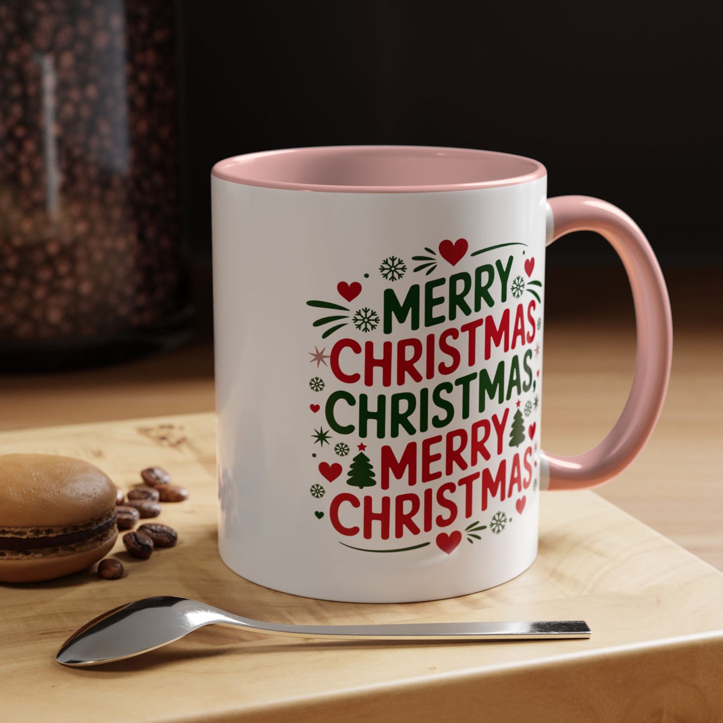 Christmas Mug - Merry Christmas Green & Red Text Trees Hearts Snowflakes Stars