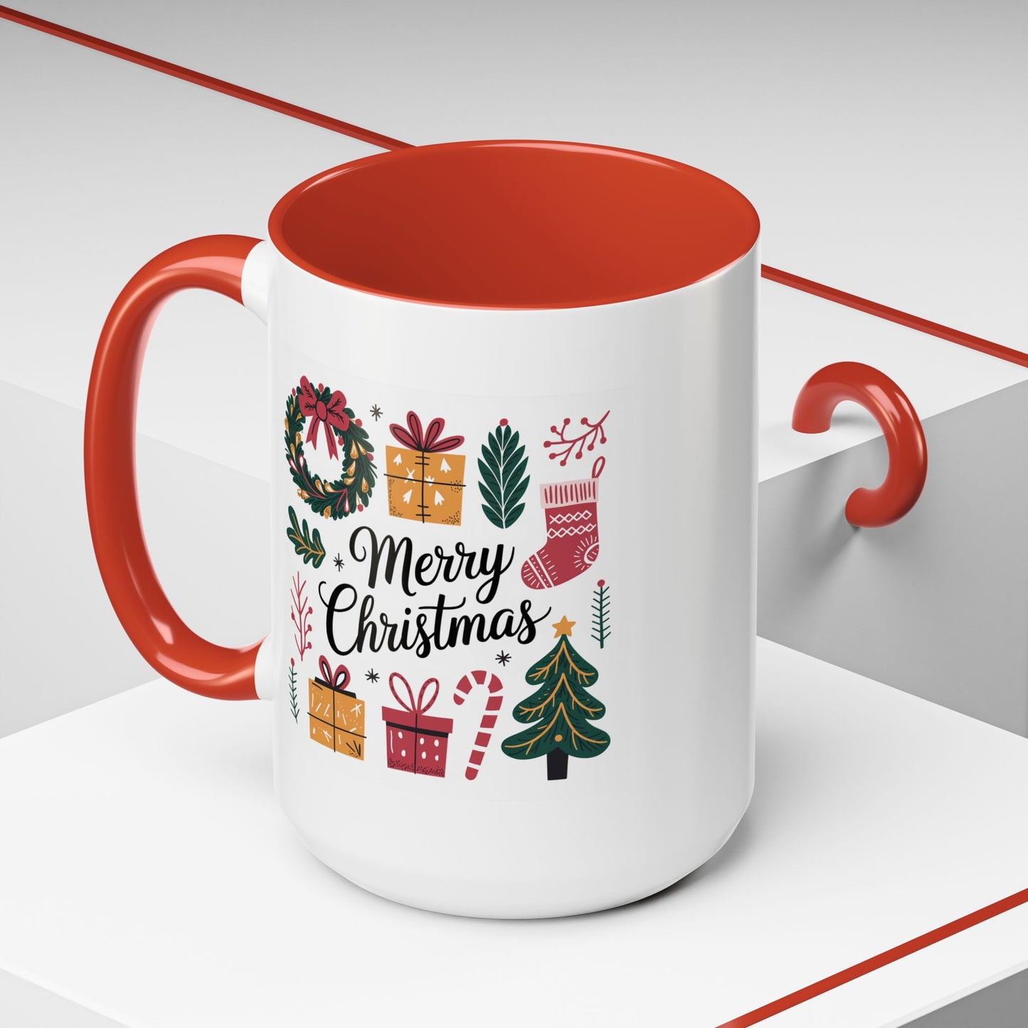 Christmas Mug - Merry Christmas Green Text Presents Tree Candy Cane