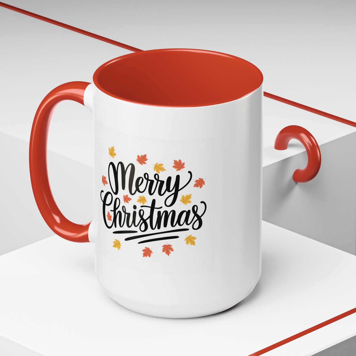 Christmas Mug - Merry Christmas Black Text Fall Leaves