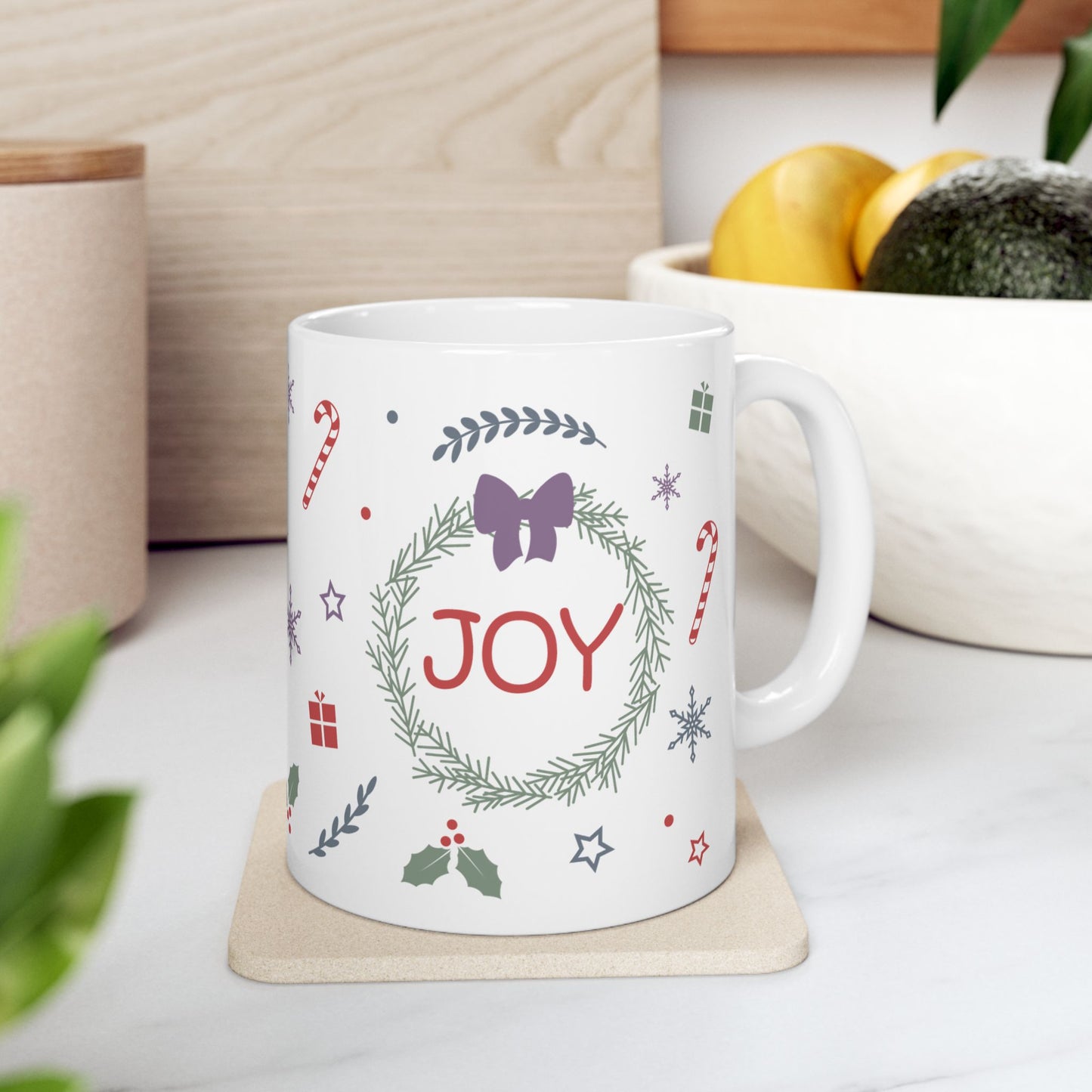 Christmas Mug - Joy Bow Candy Presents Snowflake Star Ornaments