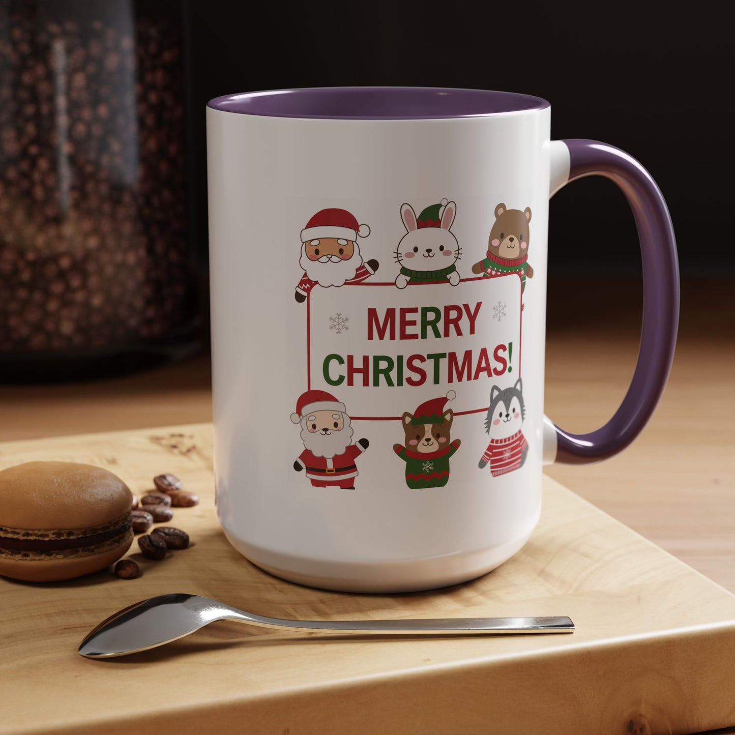 Christmas Mug - Merry Christmas Red & Green Text Santa Cute Animals