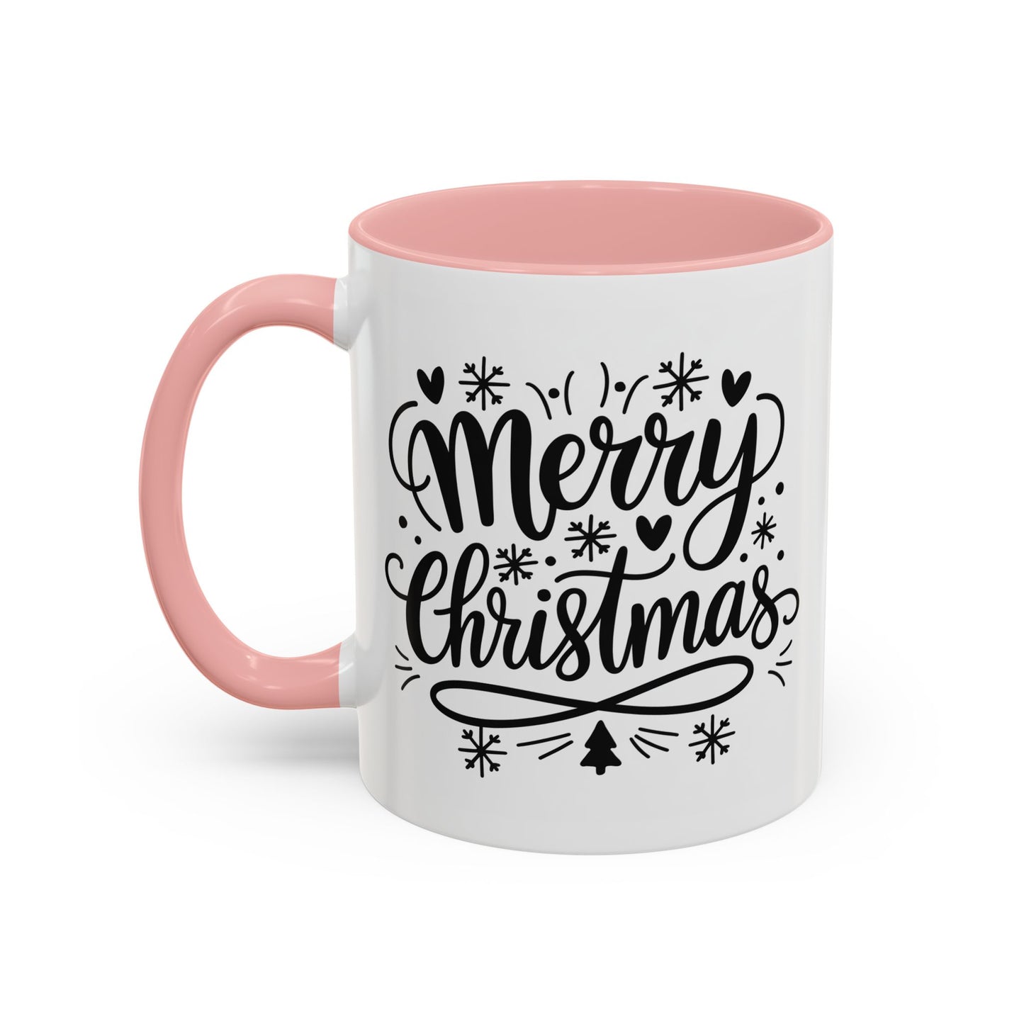 Christmas Mug - Merry Christmas Black Text Tree Snowflakes Hearts