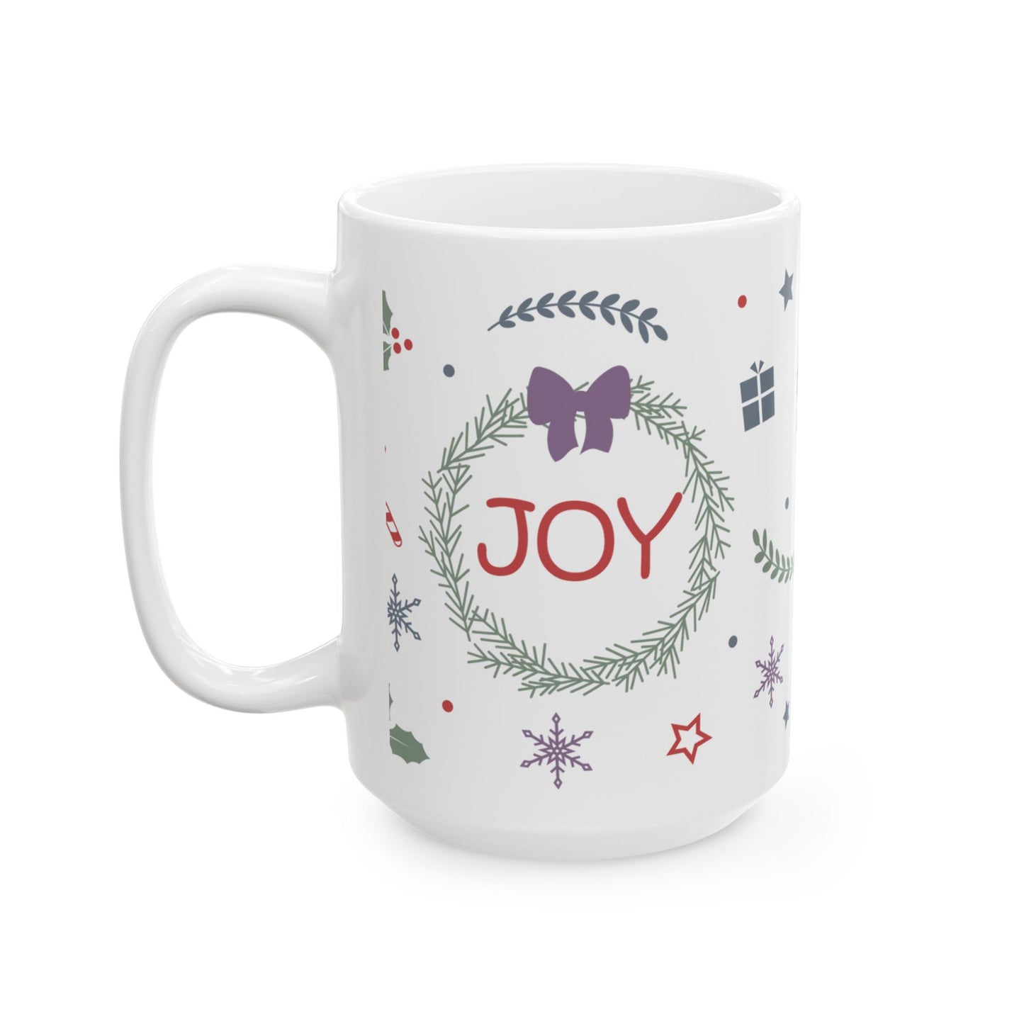 Christmas Mug - Joy Bow Candy Presents Snowflake Star Ornaments