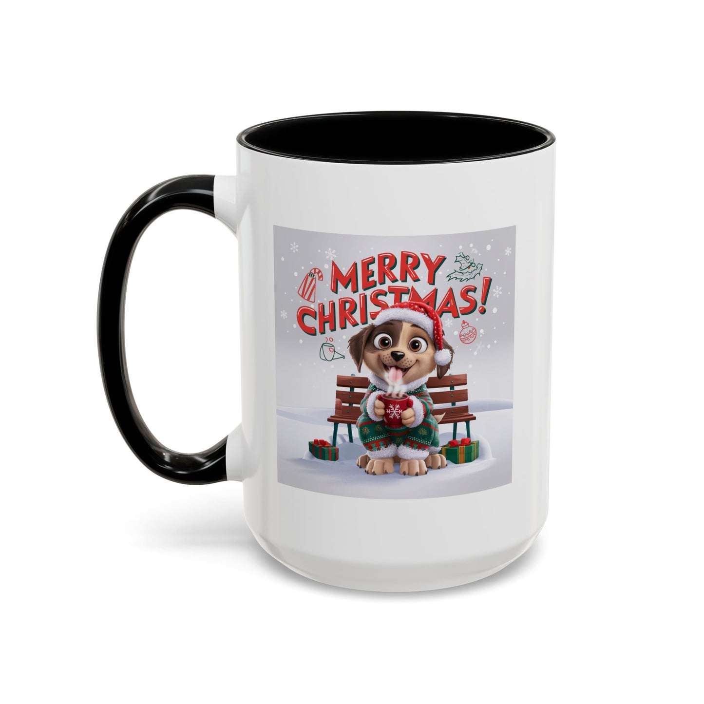 Christmas Mug - Merry Christmas Red Text Puppy Green Top