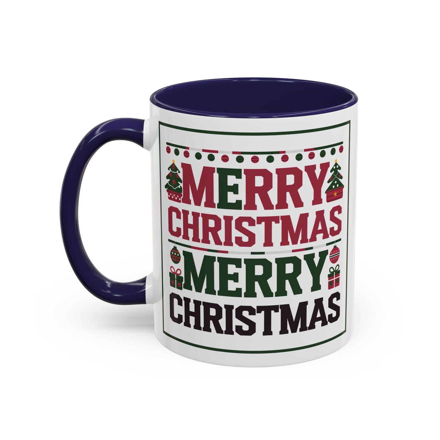 Christmas Mug - Merry Christmas Red Green & Black Text Trees Presents