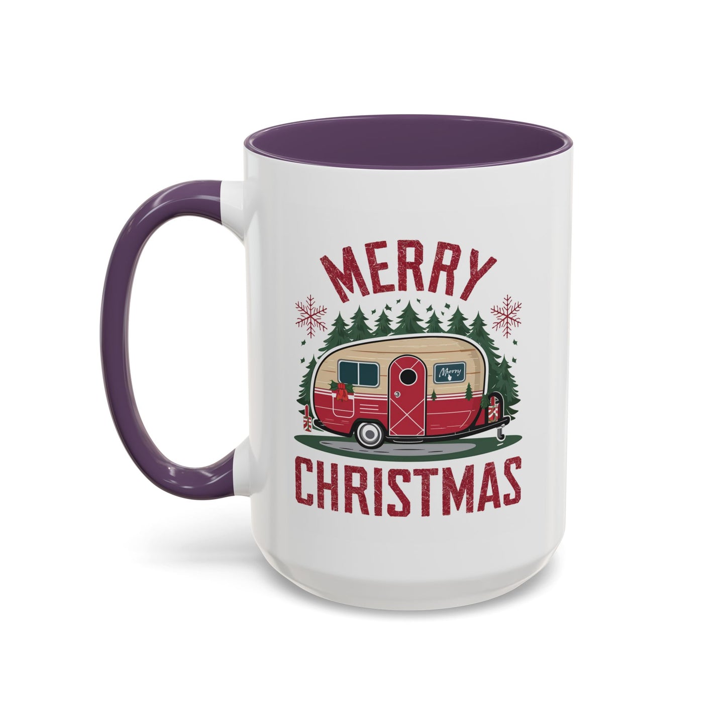 Christmas Mug - Merry Christmas Maroon Text Camper Trees Snowflakes