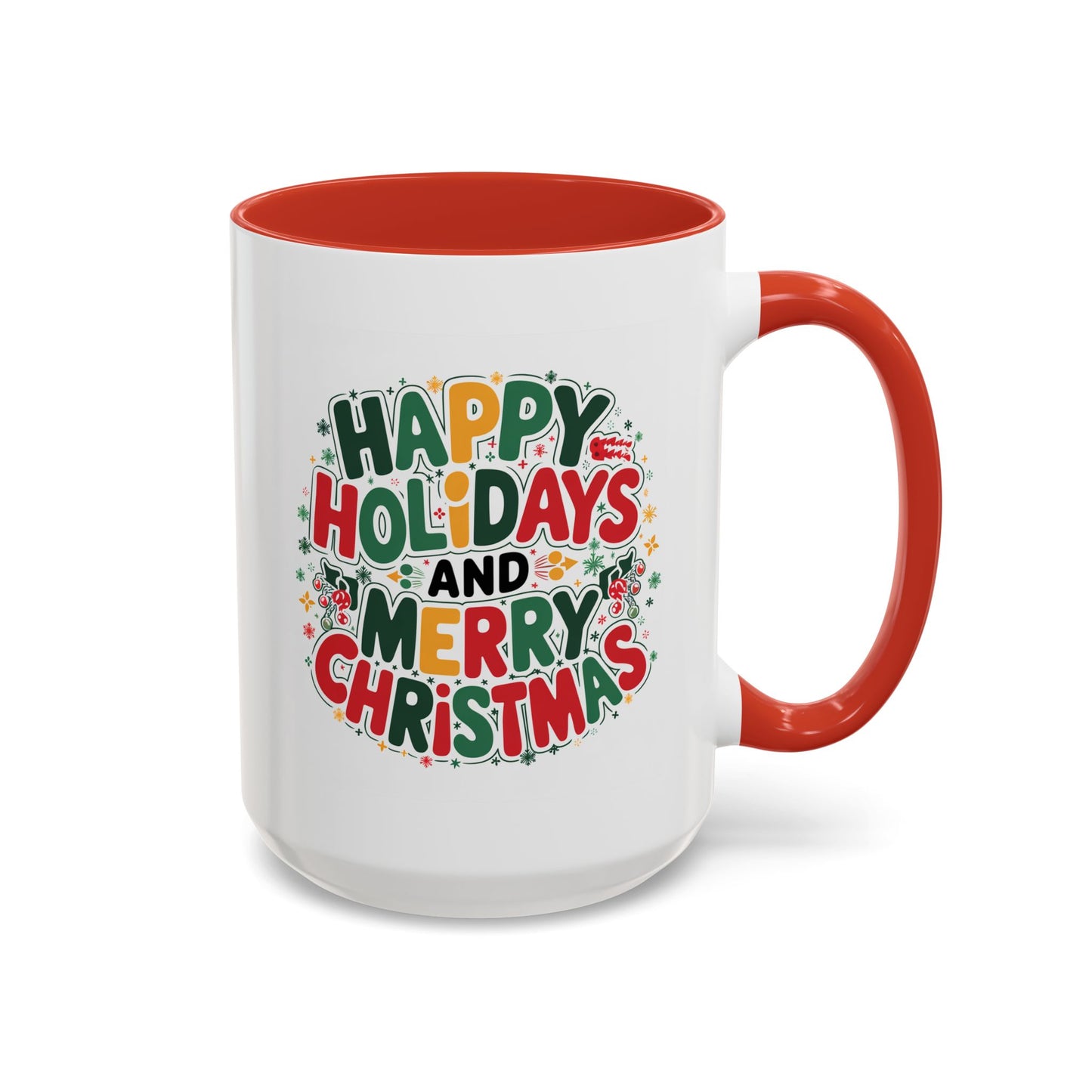 Christmas Mug - Happy Holidays and Merry Christmas Blue Green Yellow Red Text
