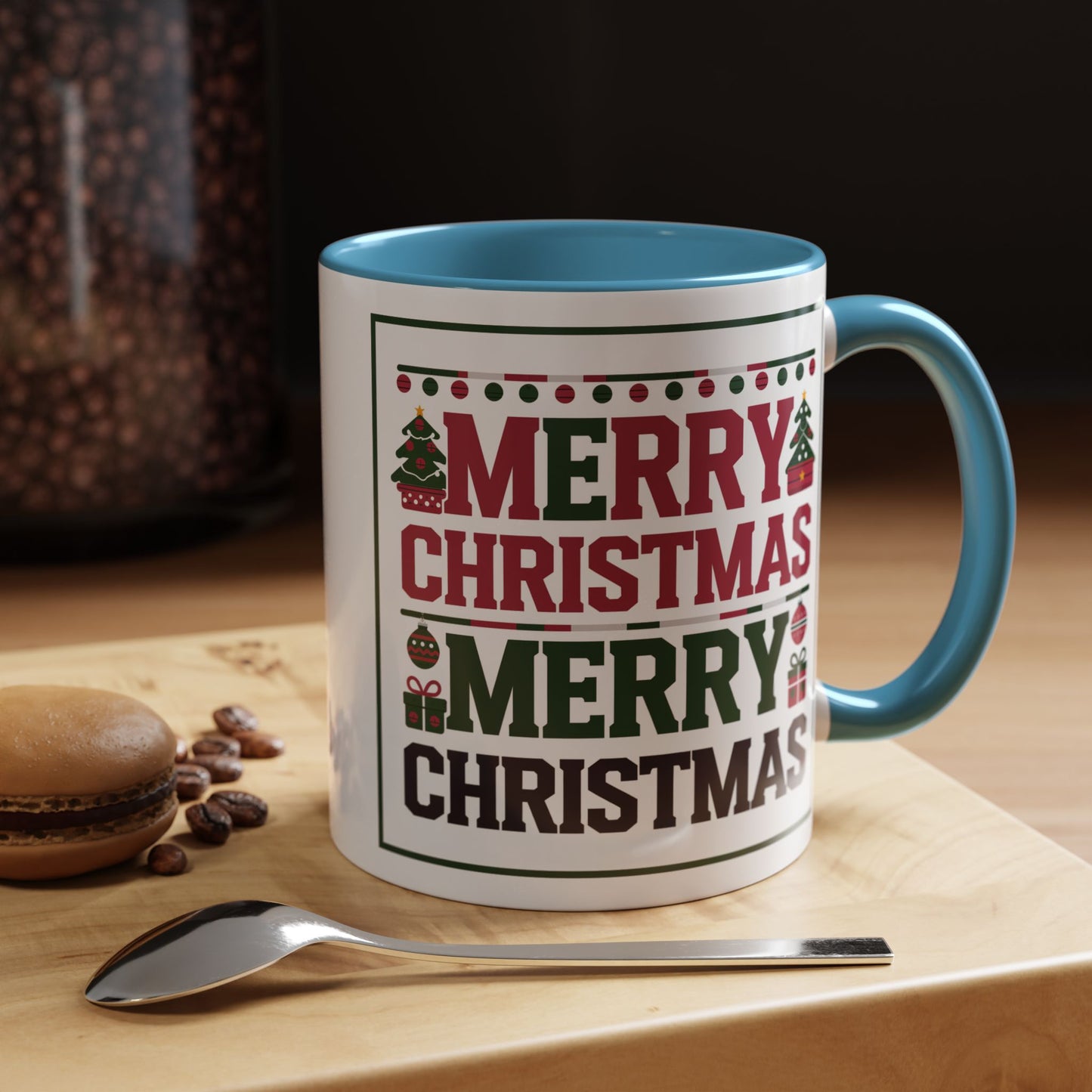 Christmas Mug - Merry Christmas Red Green & Black Text Trees Presents