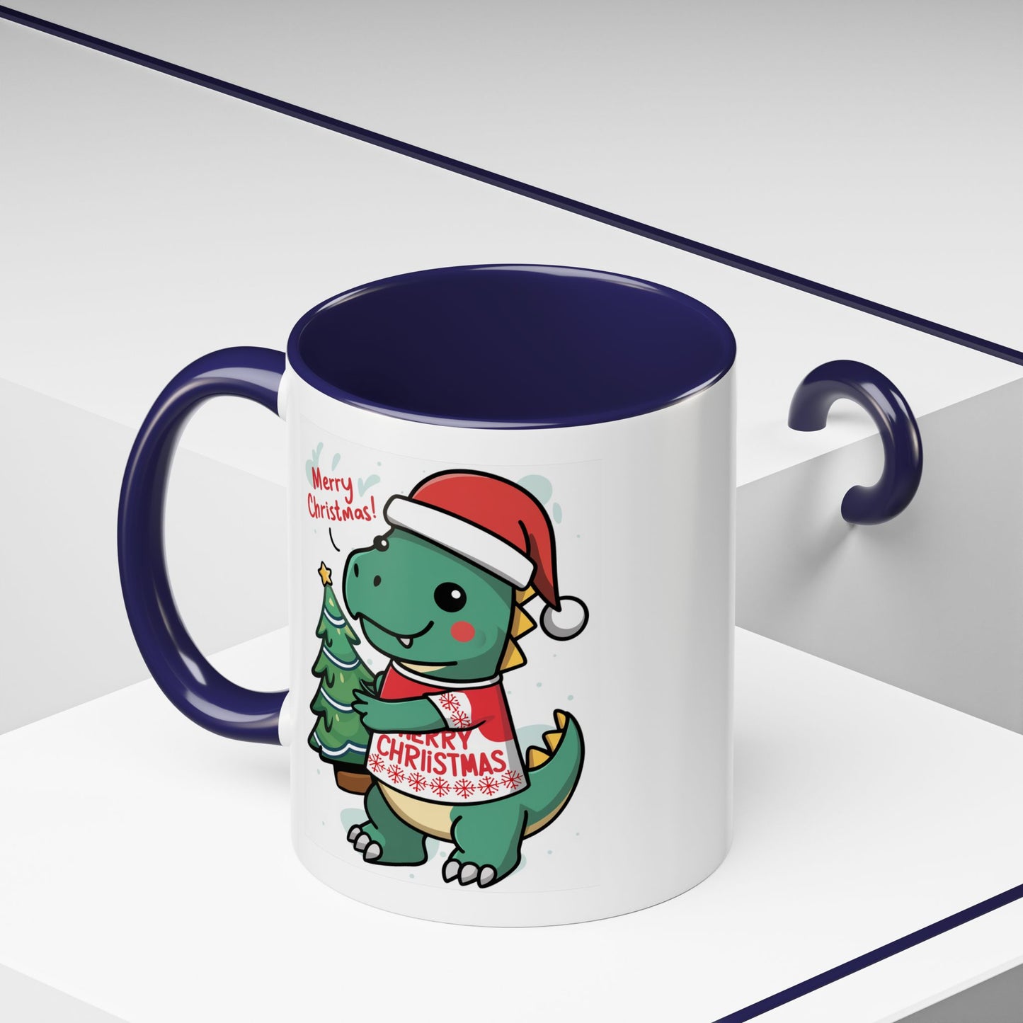 Christmas Mug - Merry Christmas Red Text Dinosaur Tree