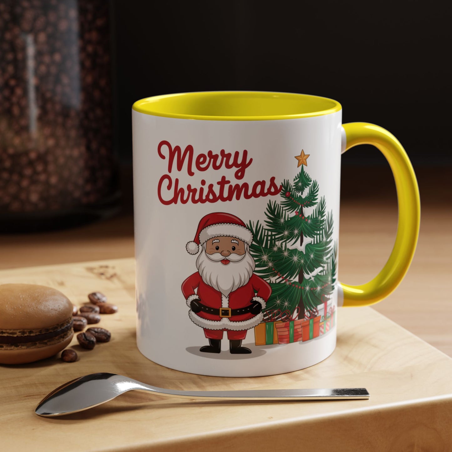 Christmas Mug - Merry Christmas Red Text Santa Tree Presents