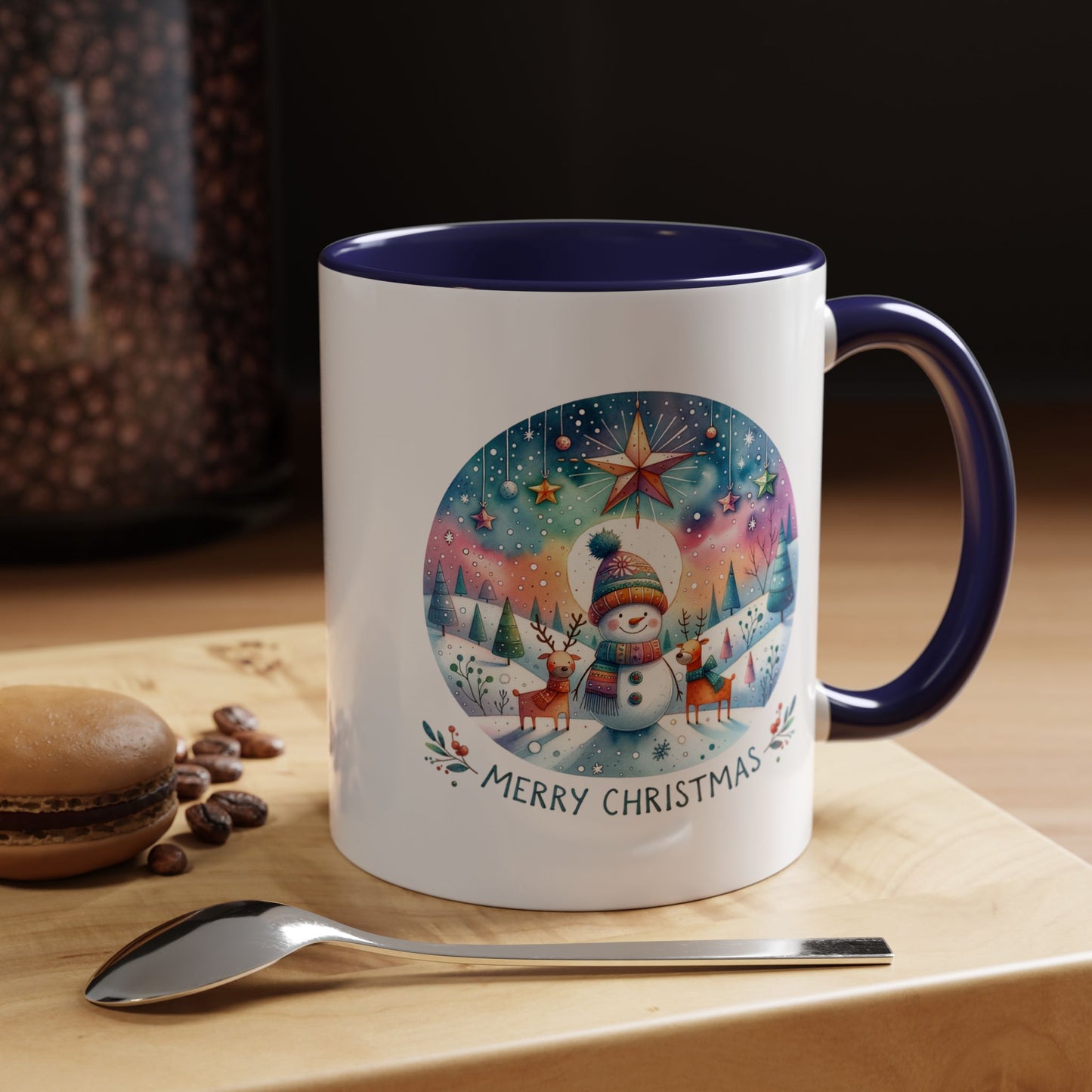 Christmas Mug - Merry Christmas Blue Text Snowman Star Reindeer