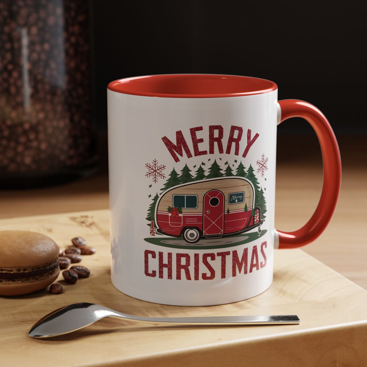Christmas Mug - Merry Christmas Maroon Text Camper Trees Snowflakes