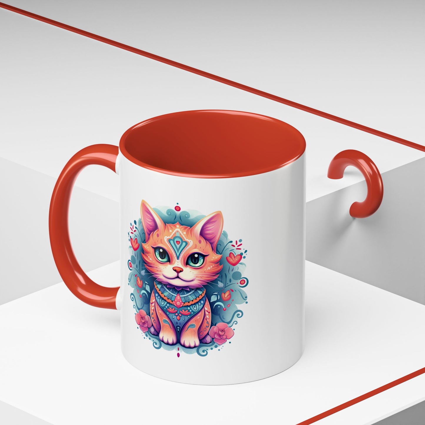 Animal  - Mystic Cat Turquoise & Coral Flowers