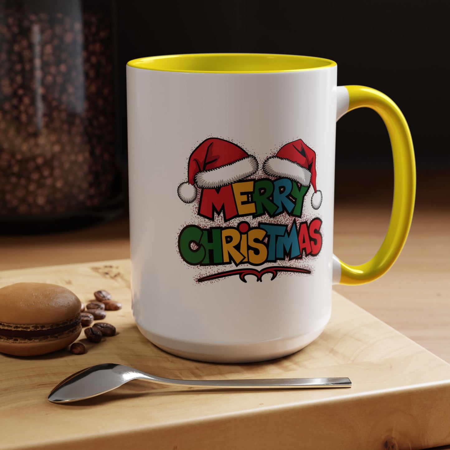 Christmas Mug - Merry Christmas Red Yellow & Blue Text Red Hats