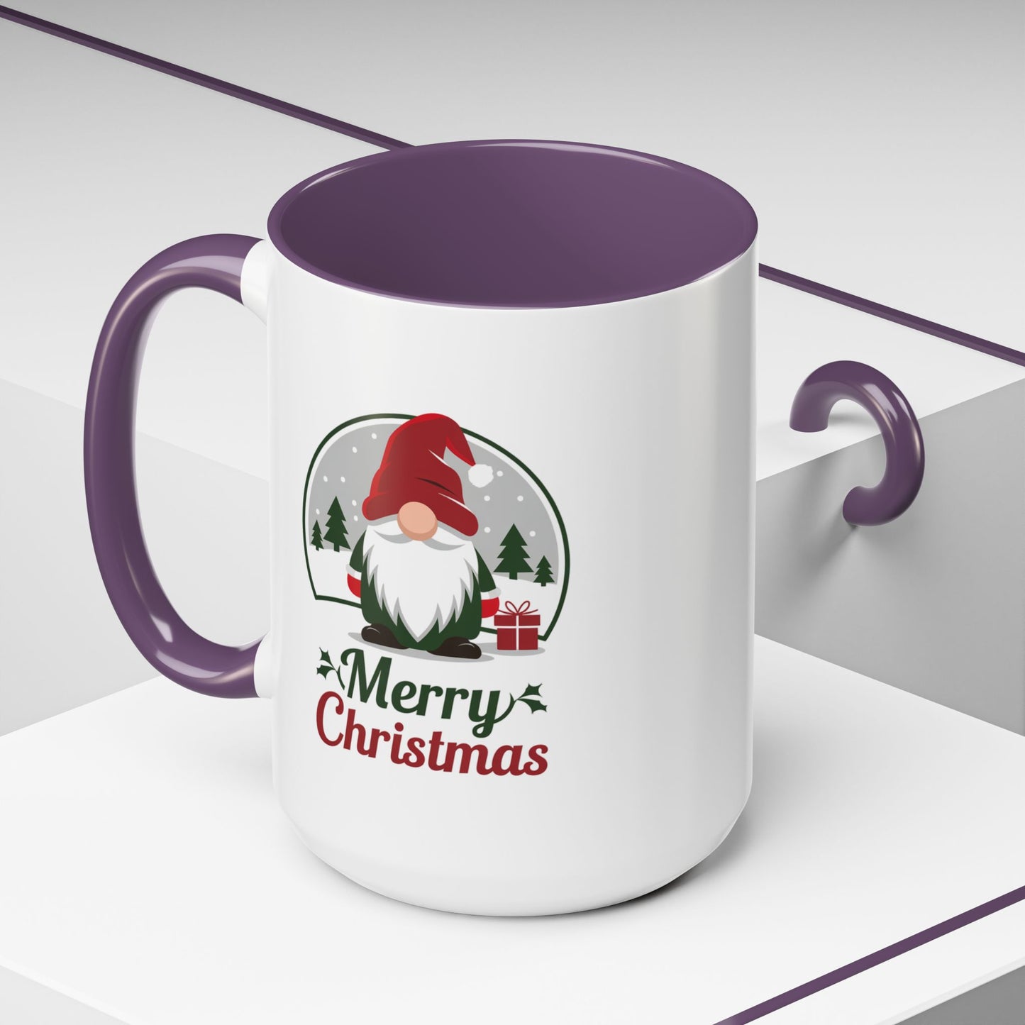 Christmas Mug - Merry Christmas Green & Red Text Gnome Present Trees
